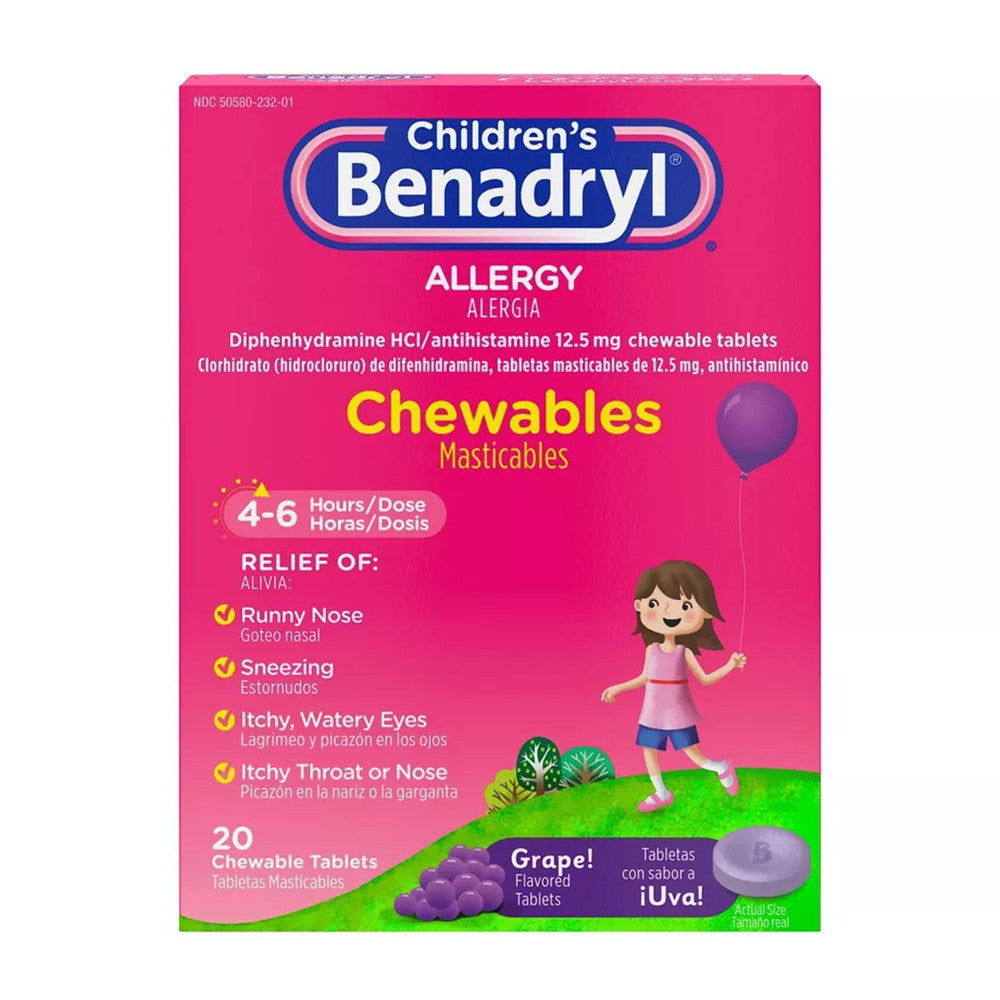 Childrens Benadryl Allergy Chewable Tablets, Grape, 20 Ea